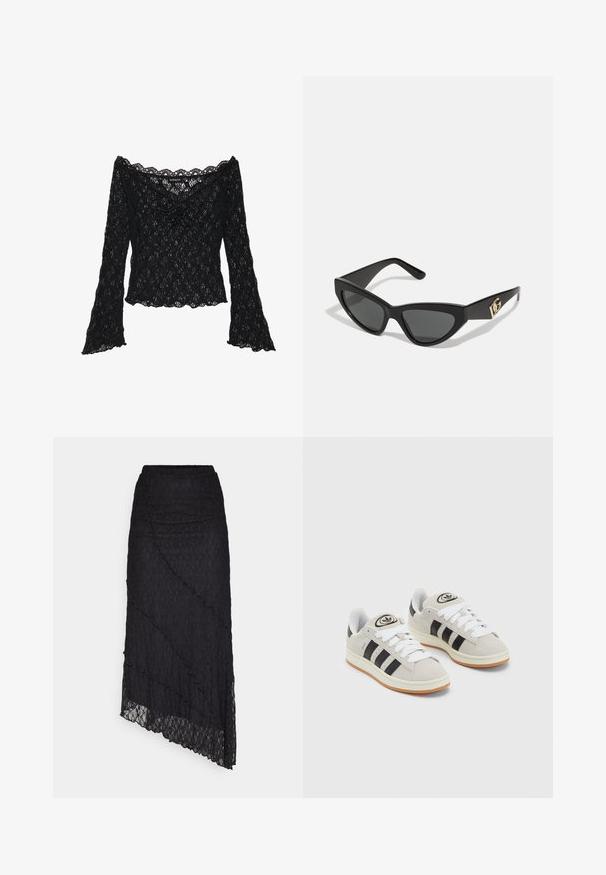 Fekete csipke felső, vállnélküli kivágással, hosszú harangujjakkal és hullámos szegélyekkel. Texturált virágmintázat az egész felsőn.; Két pamut crop top fehér és fekete színben. Mindkettő mély nyakkivágással és vékony vállpántokkal rendelkezik, sima, puha textúrával.; ONLY ONLKIM LACE SKIRT - Maxi szoknya - black; Szürke velúr sportcipők fehér fűzővel, fekete csíkokkal és fehér gumitalppal. A nyelvén kör alakú logó található, illetve a talpa színes gumi.; Macska szemformájú napszemüveg matt fekete műanyag kerettel, sötét lencsékkel és arany logóval a szárán. Szögletes kialakítás és sima felület.