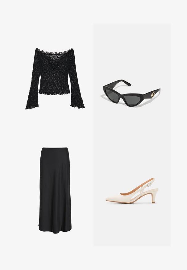 Musta pitsipaita, jossa on olkapäiltä avonainen kaula-aukko, pitkät kellohihat ja aaltoilevat reunat. Koko paidan alueella on rosoinen kukkakuosi.; Kaksi puuvillapaitaa valkoisena ja mustana. Kummassakin on syvä kaula-aukko ja ohuet olkaimet, ja ne ovat sileitä sekä pehmeitä.; Musta maksihame, joka on valmistettu sileästä, kevyestä kankaasta. Siinä on yksinkertainen A-linjainen siluetti, hieman liehuva helma ja ei näkyviä kiinnityksiä.; Valkoinen slingback-korkokenkä, jossa on terävä kärki, sileä päällismateriaali, matala lohkokorko ja sivuaukko-design säädettävällä soljella.; Aurinkolasit kissansilmällä, joissa on matta musta muovikehys, tummat linssit ja kultainen logokiinnitys temppeleissä. Kulmikas muotoilu ja sileä pinta.