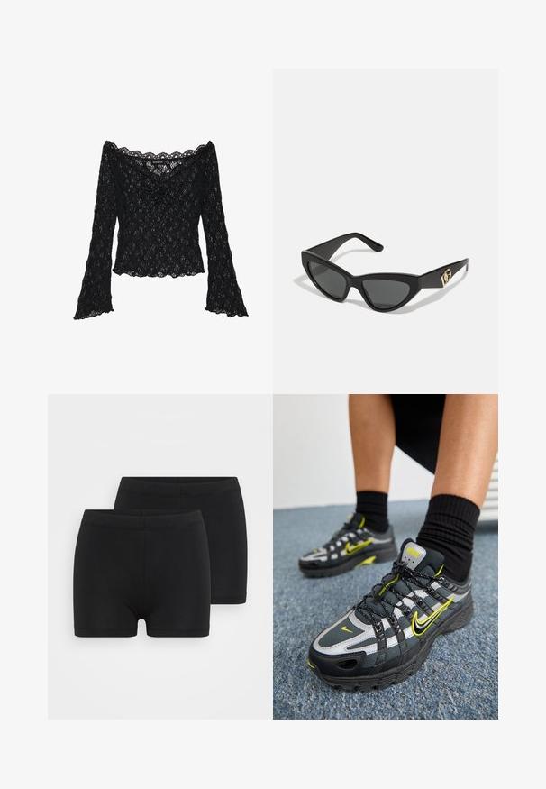 Svart spetsblus med avskuren axel, långa trumpetärmar och vågiga kanter. Strukturerad blommönster genom hela plagget.; Två bomullstopp i vitt och svart. Varje topp har en djup krage och tunna axelband, med en slät och mjuk textur.; Svarta bomullsshorts med elastisk midja, med en slät textur och en enkel, strömlinjeformad design. Paketet innehåller två par.; Svarta och grå sportskor med reflekterande silverdetaljer, texturerade meshnätpaneler och ljusa gula inslag. Snörningsdesign med en stabil sula.; Kattögon-solglasögon med en matt svart plastbåge, mörka linser och en guldlogotyp som accent på skalmen. Vinklad design och jämn yta.