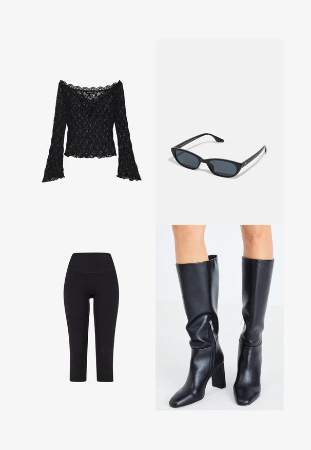 Černý krajkový top s odhalenými rameny, dlouhými zvonovými rukávy a vlnitými okraji. Texturovaný květinový vzor po celém povrchu.; Černé legíny tříčtvrteční délky vyrobené z elastického materiálu, s vysokým pasem a bez viditelných vzorů či kovových prvků.; Steve Madden SPEEDWAY - Vysoká obuv - black; Černé sluneční brýle typu cat-eye s tmavými skly, plastovým rámem, úzkými nohami a jemným brandingem na vnitřní straně ramene. Matte povrchová textura.