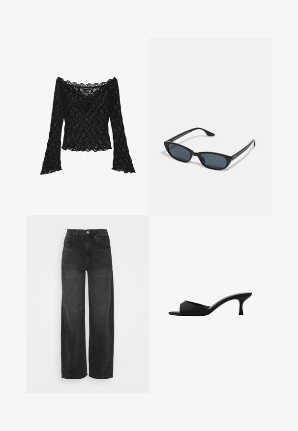 Crna čipkasta majica s otvorenim ramenima, dugim zvonastim rukavima i valovitim rubovima. Strukturalni cvjetni uzorak kroz cijelu majicu.; BDG Urban Outfitters LOGAN - Široke nogavice - black; crne potpetice s otvorenim prstima i zakrivljenim gornjim dijelom. Izrađene su od teksturirane tkanine, s elegantnom potpeticom i glatkom đonom.; Crne mačkaste sunčane naočale s tamnim staklima, plastičnim okvirom, uskim stablima i suptilnim oznakama na unutarnjoj strani. Mat tekstura završne obrade.
