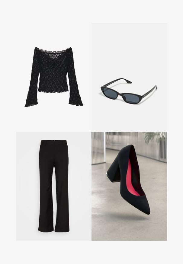 Schwarzes Spitzenoberteil mit schulterfreier Ausschnittlinie, langen Glockenärmeln und gewellten Kanten. Texturiertes florales Muster im gesamten Design.; Weekday EMILY SUITING TROUSER - Stoffhose - black; Schwarzer High Heel Schuh mit spitzer Zehe, strukturiertem Obermaterial und lebhaftem pinken Innenraum. Verfügt über einen dicken Absatz mit silberner Akzentuierung.; Schwarze Cat-Eye-Sonnenbrille mit dunklen Gläsern, Kunststoffrahmen, schlanken Bügeln und dezentem Branding an der inneren Seite des Bügels. Matte Oberflächenstruktur.