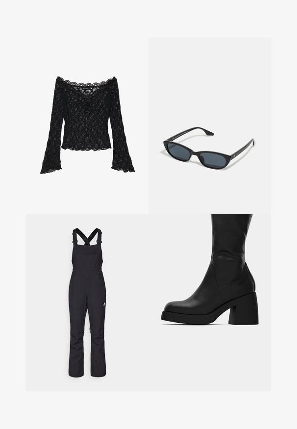 Svart blonde topp med avtagbar skulderlinje, lange klokkeermer og bølgete kanter. Teksturert blomstermønster gjennom hele.; Sorte overall med justerbare skulderstropper, flere lommer, vanntett materiale og løs benlengde.; Sorte lærstøvler midt på læggen med kraftig blokhæl og rund tå, vist fra siden på hvid baggrund.; Sorte cat-eye solbriller med mørke linser, plastikkramme, tynne stenger og subtil merkevaremerking på den indre armen. Matt overflate.; Sett med tre elastiske hårbånd i svart og hvitt, med en glatt tekstur og et enkelt, flatt design. Hvert bånd er likt i bredde.