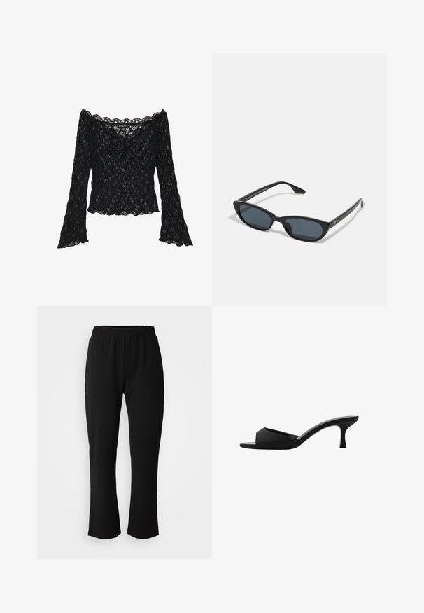 Crna čipkasta majica s otvorenim ramenima, dugim zvonastim rukavima i valovitim rubovima. Strukturalni cvjetni uzorak kroz cijelu majicu.; ONLY Carmakoma CARLAMA STRAIGHT - Hlače - black; crne potpetice s otvorenim prstima i zakrivljenim gornjim dijelom. Izrađene su od teksturirane tkanine, s elegantnom potpeticom i glatkom đonom.; Crne mačkaste sunčane naočale s tamnim staklima, plastičnim okvirom, uskim stablima i suptilnim oznakama na unutarnjoj strani. Mat tekstura završne obrade.