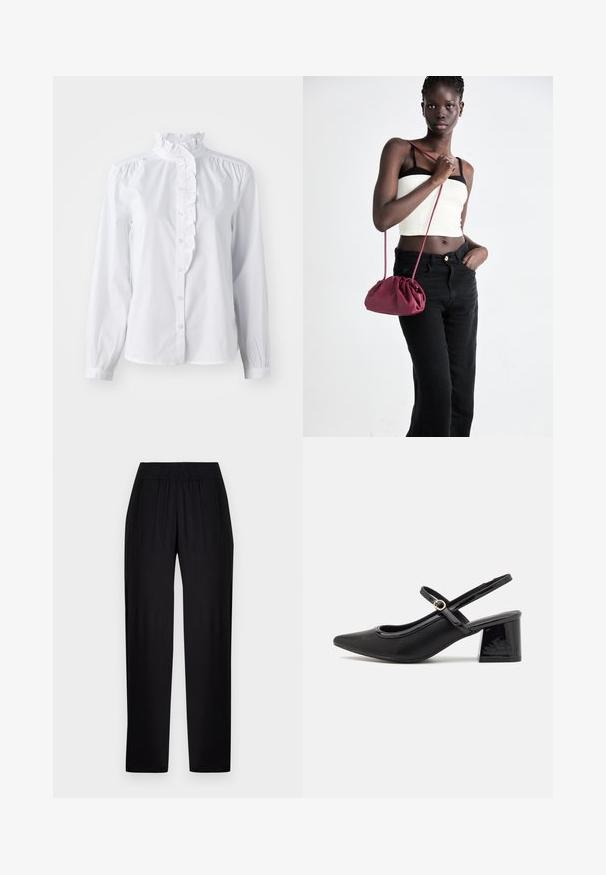 White button-up shirt with long sleeves, frilled high collar, and vertical ruffle accent down the front. Lightweight cotton fabric.; Black, smooth fabric trousers with a relaxed fit, elastic waistband, and straight legs. No visible patterns or accents.; Black patent leather slingback heels with a pointed toe, a rounded cutout design, and a block heel. Features a gold-tone buckle accent.; Burgundy soft fabric handbag with a gathered design and a long strap, worn crossbody. Model wears a white crop top and black jeans.