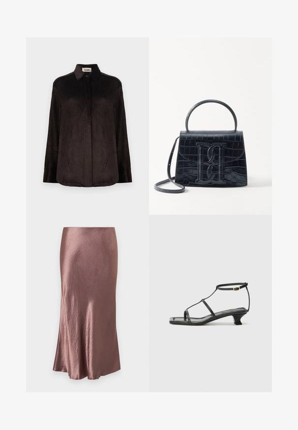 Cămașă din catifea închisă la culoare, cu mânecă lungă, guler, manșete cu nasturi și nasturi ascunși pe față, expusă pe un fundal alb.; Fustă midi din satin de culoare mov, cu o textură fină, tiv ușor evazat, cu un design simplu și fără închideri vizibile sau embellishments.; Sandelă din piele neagră cu vârf pătrat, curele subțiri, curea ajustabilă la gleznă și toc mic. Prezintă un mic accent auriu pe curea.; Geantă din piele cu model de crocodil negru, cu un design structurat, mână superioară, curea ajustabilă și un detaliu proeminent cu logo pe față.