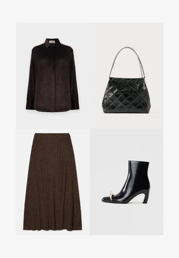 Temno rjava kordna srajca z dolgimi rokavi, ovratnikom, gumbi na manšetah in skritimi gumbi spredaj, prikazana na beli podlagi.; Rjava rebrasta midi krila z teksturirano površino, ki ima prilegajoč pas in nabran dizajn za volumen in gibanje.; Črne gležnjarje iz sijajnega usnja, s koničastim nosom in dekorativnim zlatim ter srebrnim detajlom spredaj. Oblika bloka pete.; Črna usnjena torbica z vzorcem karo, srebrna verižica kot ročaj, z oblikovanim dizajnom in gladko teksturo.
