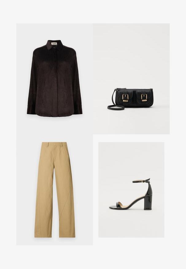 Temno rjava kordna srajca z dolgimi rokavi, ovratnikom, gumbi na manšetah in skritimi gumbi spredaj, prikazana na beli podlagi.; Khačaste široke hlače iz bombažne mešanice z gladko teksturo, s poudarjenimi diagonalnimi šivi in klasičnim dizajnom pasu.; Črne patentirane sandale s široko peto, odprtim prstom in trakovi okoli gležnja, ki imajo zlat zajemalec. Gladka tekstura in eleganten dizajn.; Črna usnjena torbica čez ramo z dvema sprednjima žepoma, zlatimi zaponkami, zadrgo in ozkim pasom. Tekstura površine je strukturirana, obliko pa ima kompaktno pravokotno.