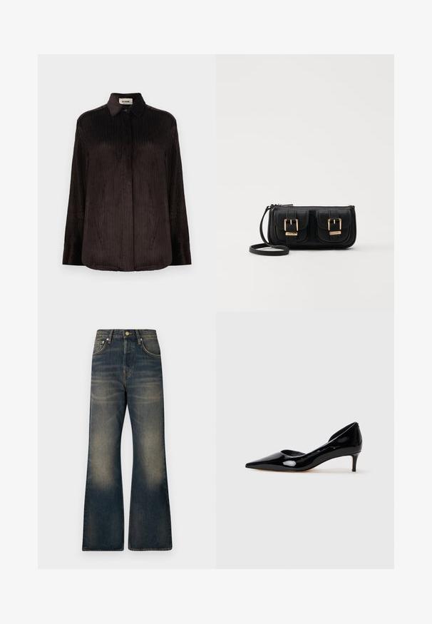 Mörkbrun kordskjorta med lång ärm, krage, knäppte manschetter och dolda frambutonger, visad på vit bakgrund.; Jeans med utsvängda ben i mörkblått med en blekt tvätt, som har fem fickor, knäppning med knapp och kontrasterande sömmar.; Svarta lackläder damskor med spetsig tå och låg klack, visade i profil mot en enkel ljusgrå bakgrund.; Svart läderaxelväska med två framfickor, guldspännen, dragkedjestängning och en smal rem. Texturerad yta och kompakt rektangulär form.