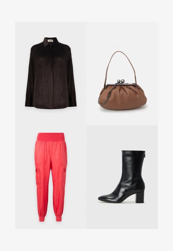 Tummanruskea korduroy pitkähihaisessa paidassa on kaulus, napitettavat hihansuut ja piilotetut etunapit, esitettynä valkoista taustaa vasten.; Punat punanjat satiinih leggings s širokim elastičnim pojasom, bočnim džepovima i elastičnim manžetama na gležnjevima. Glatka površina s blagim sjajem.; Musta nahkainen nilkkuri, jossa on terävä kärki ja 4 cm:n lohkokorko. Tyylikäs muotoilu sisältää sivuvetoketjun helppoa pukeutumista varten. Siro pinta.; Ruskea nahkakäsilaukku, jossa on rypytetty muotoilu, lyhyt nahkahandling ja ketjuhihna. Varustettu hopeisella metallisoljella, jossa on kaksi pyöreää yksityiskohtaa.