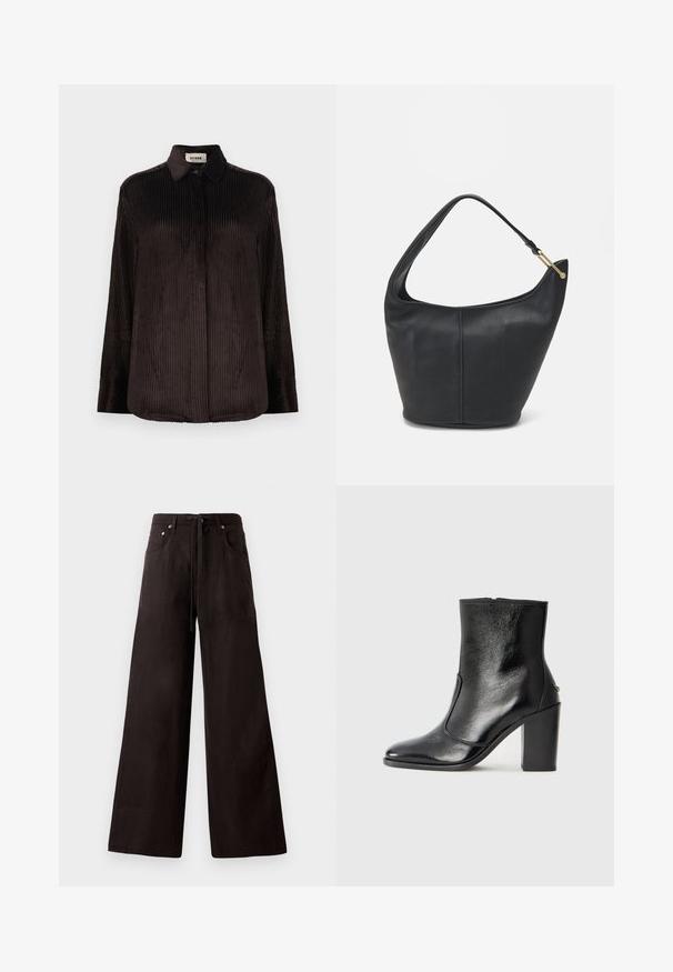 Chemise à manches longues en velours côtelé marron foncé avec col, poignets boutonnés et boutons dissimulés à l'avant, présentée sur fond blanc.; Pantalon large noir en tissu léger. Doté d'une taille à cordon de serrage, de poches avant et d'une texture subtile.; Bottine en cuir noir, avec une texture lisse, un bout pointu et un talon chunky haut. Présente une ouverture sur le côté et un design minimaliste.; Sac à main en cuir noir avec une forme arrondie, une large bandoulière et une finition texturée. Présente un détail de couture subtil et un accent en métal doré.