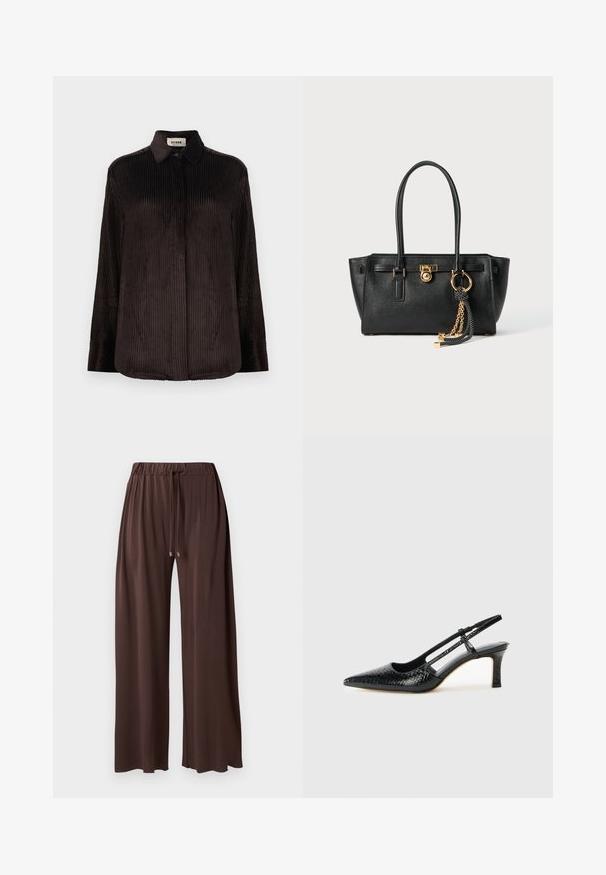 Dark brown corduroy long-sleeve shirt with a collar, buttoned cuffs, and concealed front buttons, displayed on a white background.; Brown wide-leg trousers with an elastic waistband, adjustable drawstring, and smooth texture. Features silver-toned aglets on the drawstring.; Black patent slingback heel with a pointed toe, featuring textured snake print, adjustable strap, and a short, textured block heel.; Black leather handbag with double handles, gold lock and chain detail, and black-and-white tassel accessory against white background.