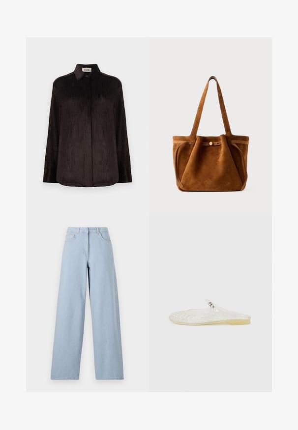 Temno rjava kordna srajca z dolgimi rokavi, ovratnikom, gumbi na manšetah in skritimi gumbi spredaj, prikazana na beli podlagi.; REMAIN COCOON PANTS - Široke hlačnice - light blue; Prozoren plastični natikači z mrežico, okroglo konico in majhno srebrno dekoracijo na trakcu. Fleksibilen podplat v prozornem odtenku.; Rjava nubuk torba za ramena z dvema ročajema, z loputo na gumb in sproščenim, rahlo ohlapnim oblikovanjem.