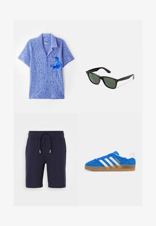 Kidsuper GIRL PAINTING - Shirt - blue; Navy shorts with a textured pattern, elastic waistband, and drawstring closure. Features a relaxed fit and above-the-knee length.; Blue suede sneaker with white stripes and “Gazelle” text. Features gum rubber sole and textured accents on the upper. Classic design.; Black plastic sunglasses with green lenses, square frames, silver accent on the brow, and textured temple arms. Stated brand on inner arm.