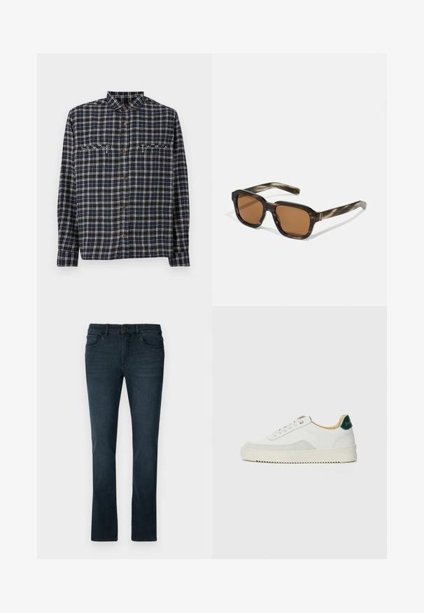 Károvaná košeľa na gombíky v tmavom námorníckom odtieni s bielymi pruhmi. Disponuje dvoma náprsnými vreckami a hnedými gombíkmi. Vyrobená z textúrovanej bavlnenej tkaniny.; Tmavomodré džínsy s úzkym strihom, vyrobené z denimu. Majú zapínanie na gombík, päť vreciek a nenápadné švy.; Biele tenisky s semišovými akcentmi, zaoblenou špičkou, plochými šnúrkami a krémovou gumovou podrážkou. Na päte sú zelené značky.; Plastové slnečné okuliare s korytnačím vzorom, octagonálne hnedé šošovky a tenké zlaté akcenty na ráme.
