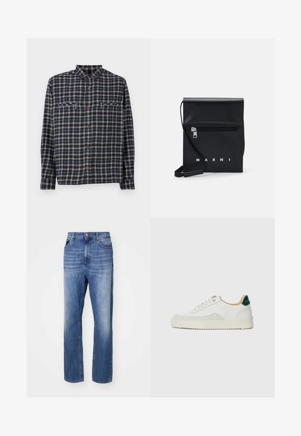 Tumed sinise ja valged ruududega nööbitav särk. Omab kahte rinna taskut ja pruuni nupuga. Valmistatud tekstuuriga puuvillakangast.; Sinine denimist teksapüksid sirge jala disainiga. Omab nuppu ja tõmblukk sulgemiseks, viit taskut ning tuhmumist tekstuuri annmiseks.; Valged tennisjalanõud, millel on sametised aktsendid, ümar varvas, lame nöörid ja kreemjas kummine põhja. Hästi nähtav roheline bränding kannal.; Mustmust nahast õlakott, millel on tõmblukk eesmine tasku, embosseeritud logo ja reguleeritav rihm. Sile tekstuur koos struktureeritud kujuga.