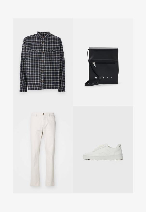 Tumed sinise ja valged ruududega nööbitav särk. Omab kahte rinna taskut ja pruuni nupuga. Valmistatud tekstuuriga puuvillakangast.; Beežist puuvillaseguse kangaga sirge lõikega püksid, millel on ees nööpidega sulgemine, vöökohavõrud ja minimalistik disain. Sile tekstuur.; Valge nahast tennis, millel on sile põhi, ümar varvas, lamedad nöörid ja tekstuuriline tall. Sisaldab diskreetset logo kontsaribal.; Mustmust nahast õlakott, millel on tõmblukk eesmine tasku, embosseeritud logo ja reguleeritav rihm. Sile tekstuur koos struktureeritud kujuga.