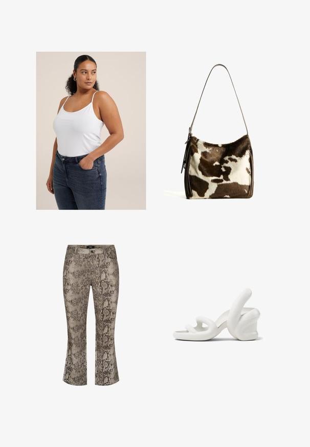 Weißes ärmelloses Top mit dünnen Trägern, aus weichem Stoff. Kombiniert mit dunkelblauen, hochgeschnittenen Jeans mit Fronttaschen und einer taillierten Silhouette.; Schlangenhautmuster mit ausgestellten Jeans in gedämpften Beige- und Brauntönen. Denim-Material mit strukturierter Oberfläche. Standard-Design mit fünf Taschen und Reißverschluss vorne.; Weiße skulpturale High-Heelsandalen mit einem wellenförmigen Design, glatter Textur und einem klobigen Absatz, der wie eine Hand geformt ist.; Braune und cremefarbene Kuhhaut-Umhängetasche mit einem glatten Ledertrageriemen, Reißverschluss und einer weichen, strukturierten Oberfläche mit einem natürlichen Muster.; Goldene Creolen mit einem schlanken, offenen Loop-Design. Glatte Textur mit einem polierten Finish, ohne Verzierungen oder Muster.