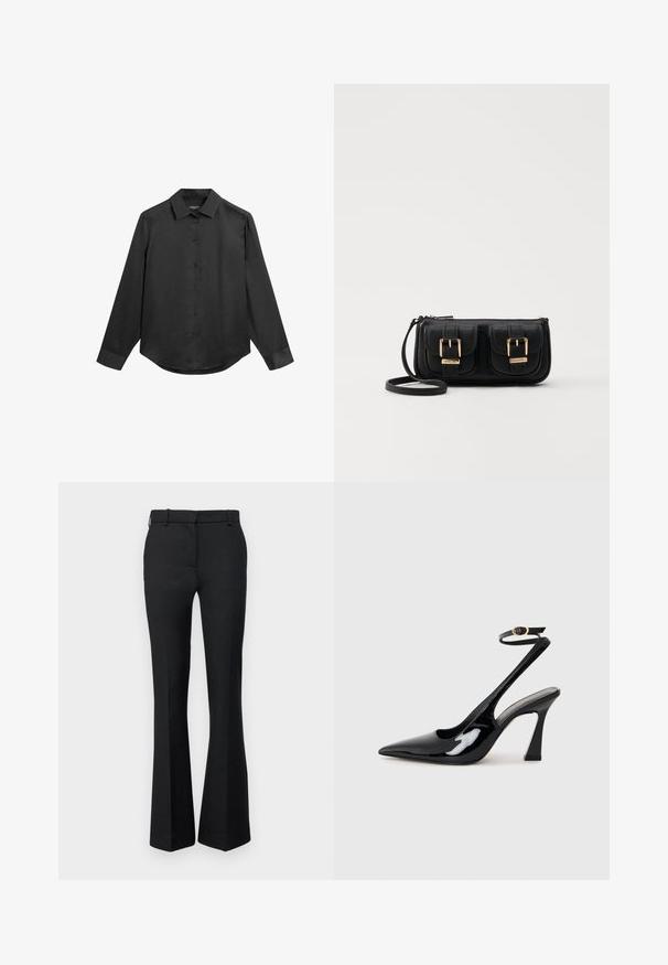 Svart långärmad skjorta med krage, knäppning fram, slät tyg och lätt rundad fåll. Inga synliga mönster eller accenter.; Svartavidgade byxor i en texturerad väv, med midjeband och bältesöglor, skräddarsydd passform och sidofickor.; Svart patentläder slingback högklackade skor med spetsig tå, justerbar ankelsnodd och en måttlig blockklack. Slät yta med glansig finish.; Svart läderaxelväska med två framfickor, guldspännen, dragkedjestängning och en smal rem. Texturerad yta och kompakt rektangulär form.