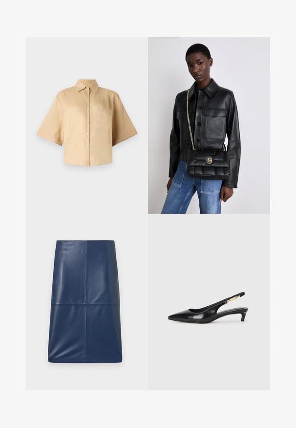 Bež košulja kratkih rukava s klasičnom kragnom, zatvaranjem na gumbe sprijeda i džepom na lijevoj strani prsiju. Glatka tkanina bez vidljivih uzoraka ili tekstura.; Tamnoplava kožna olovka suknja glatke, sjajne teksture, koja se odlikuje jednostavnim, elegantnim dizajnom i ravnim krojem. Nema vidljivih metalnih detalja.; Crne kožne sandale s petom, s izduženim vrhom, imaju usku petu i zlatni akcent na podesivoj traci. Glatka tekstura.; Crna kožna jakna s kopčanjem na gumbi i dva prednja džepa, uparena s crnom jaknom od kviltane tkanine koja ima zlatni kopč i lančanu naramenicu.