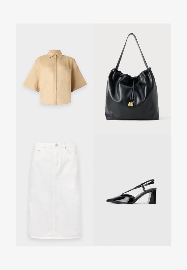 Beige košile s krátkým rukávem, klasickým límcem, předním zapínáním na knoflíky a kapsou na levé straně hrudi. Hladká látka bez viditelných vzorů nebo textur.; Bílá džínsová sukně s předním zipem, pěti kapsami a rovným střihem s akcenty v švech.; Černé lakované slingback boty na vysokém podpatku s špičatou špičkou, nastavitelným páskem a masivním obdélníkovým podpatkem.; Černý kožený taška na šňůrku s hladkým povrchem, staženým vrchem a jemnými zlatými detaily. Obsahuje jeden pevný popruh a embosované logo.
