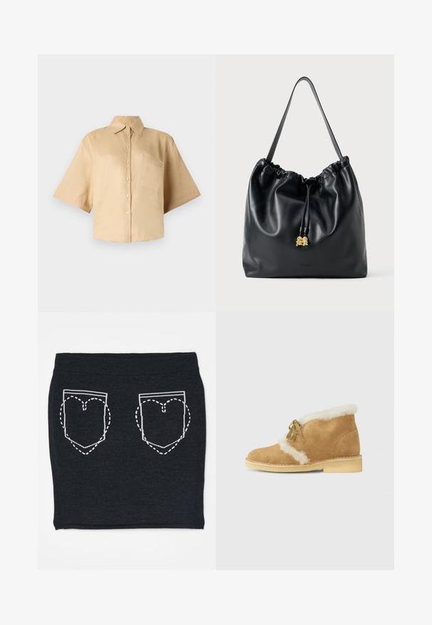 Rövid ujjú, bézs ing klasszikus gallérral, elöl gombos záródással és bal oldali zsebből. Simaszerkezetű anyag, látható minták vagy textúrák nélkül.; Fekete kötött szoknya, fehér szegélyű, szív alakú zsebekkel és szaggatott varrással. Rugalmas derékpánt a kényelem érdekében.; Barna velúr bokacsizma fehér gyapjú szegéllyel, kerek orral, fűzős elülső résszel és világos színű gumitalppal. Texturált felület látható varrással.; Fekete bőr húzózsinóros táska sima felülettel, összegyűjtött tetejével és diszkrét arany kiegészítőkkel. Egyetlen strapabíró pánttal és dombornyomott logóval rendelkezik.