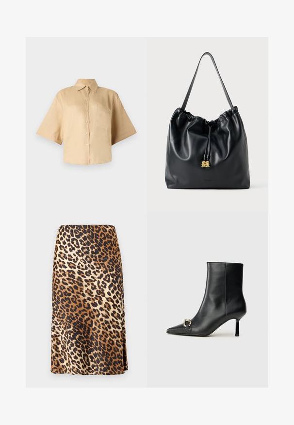 Camicia beige a maniche corte con colletto classico, chiusura frontale con bottoni e taschino sul lato sinistro del petto. Tessuto liscio senza motivi o texture visibili.; Gonna a stampa leopardata in un tessuto liscio, simile alla seta; presenta un mix di colori marrone, nero e crema con una silhouette a trapezio.; Stivale alla caviglia in pelle nera con punta affusolata, tacco sottile di media altezza e dettaglio in fibbia argentata sul lato, su sfondo semplice.; Borsa a tracolla nera in pelle con texture liscia, parte superiore arricciata e hardware dorato sottile. Presenta una tracolla robusta e un logo impresso.