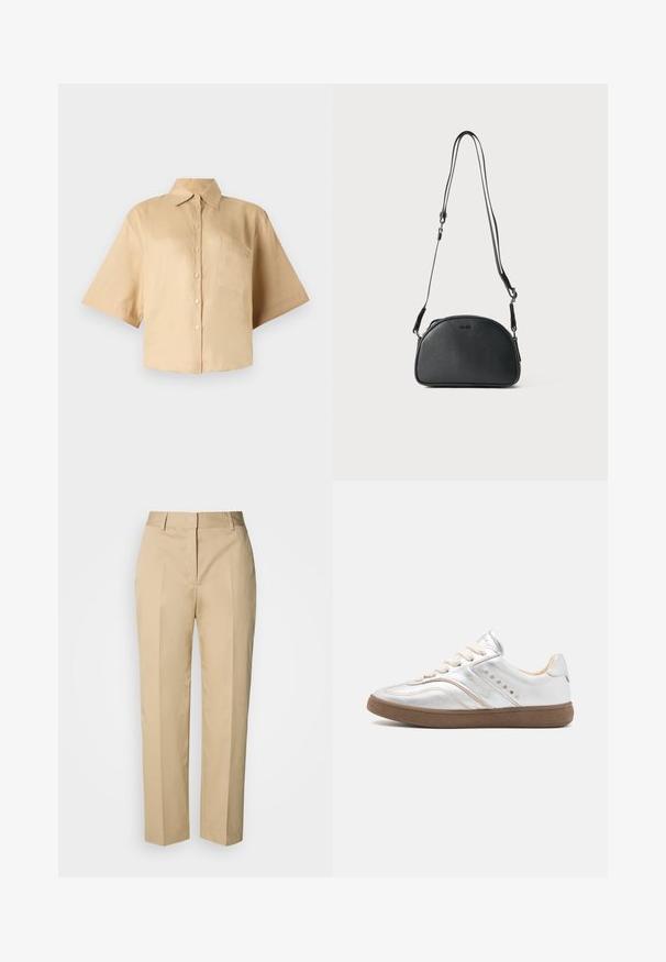 Lühikeste varrukatega beež särk klassikalise kraega, ees nupuväärise ja vasakul rinnataskuga. Sile kangas, ilma nähtavate mustrite või tekstuurideta.; Beežid sirge lõikega püksid vööaasa ja esikortseriga, peidetud kinnitusega, valgel taustal.; Nubikk RAY OWEN - Tossud - silver metallic/shiny mocca; Must musta ristkõhu kott ümmarguse kujuga, kahe reguleeritava rihmaga ja diskreetse logoga ees. Tekstureeritud välimus, minimalistlik disain.