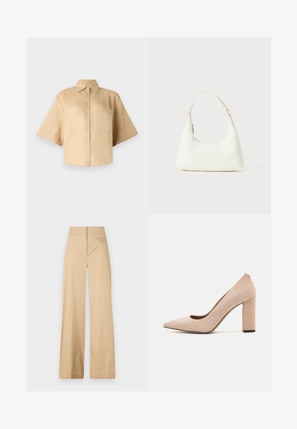 Beige košile s krátkým rukávem, klasickým límcem, předním zapínáním na knoflíky a kapsou na levé straně hrudi. Hladká látka bez viditelných vzorů nebo textur.; Béžové kalhoty s širokými nohavicemi vyrobené z bavlněné směsi. Mají hladkou texturu, elastický pas a boční detail s knoflíkem.; BOSS JANET - Lodičky na vysokém podpatku - light beige; Malá bílá ramenní taška s jedním nastavitelným popruhem a zipovým uzávěrem, umístěná na jednobarevném bílém pozadí.