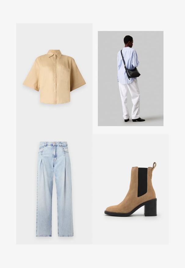 Μπλούζα με κοντό μανίκι, μπεζ απόχρωσης, με κλασικό γιακά, κουμπί στο μπροστινό μέρος και τσέπη στο αριστερό στήθος. Λείο ύφασμα χωρίς ορατά σχέδια ή υφές.; Ανοιχτό μπλε τζιν παντελόνι με ψηλή μέση, φαρδιά γραμμή, δύο πλαϊνές τσέπες και σχέδιο με πτυχώσεις. Μαλακή υφή με ξεθωριασμένο φινίρισμα.; BOSS CAMY - Κλασικές μπότες αστραγάλου - medium beige; Μαύρη δερμάτινη τσάντα ώμου με απαλή υφή, τριγωνικό σχήμα και ρυθμιζόμενο λουρί, συνδυασμένη με ένα ανοιχτό μπλε ριγέ πουκάμισο και λευκό παντελόνι.