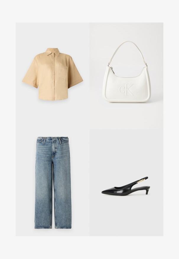 Rövid ujjú, bézs ing klasszikus gallérral, elöl gombos záródással és bal oldali zsebből. Simaszerkezetű anyag, látható minták vagy textúrák nélkül.; Világoskék, bő szárú farmernadrág, közepes derékmagassággal, klasszikus öt zsebes kialakítással és finom kopásokkal az anyagon.; Fekete bőr slingback magassarkúk, hegyes orral, vékony sarkakkal és arany színű részlettel a állítható pánton. Simа felület.; Fehér bőrtáska ívelt formájú, elöl feltűnő "CK" logóval, egyetlen vállpánttal. Cipzáras zárás a tetején.