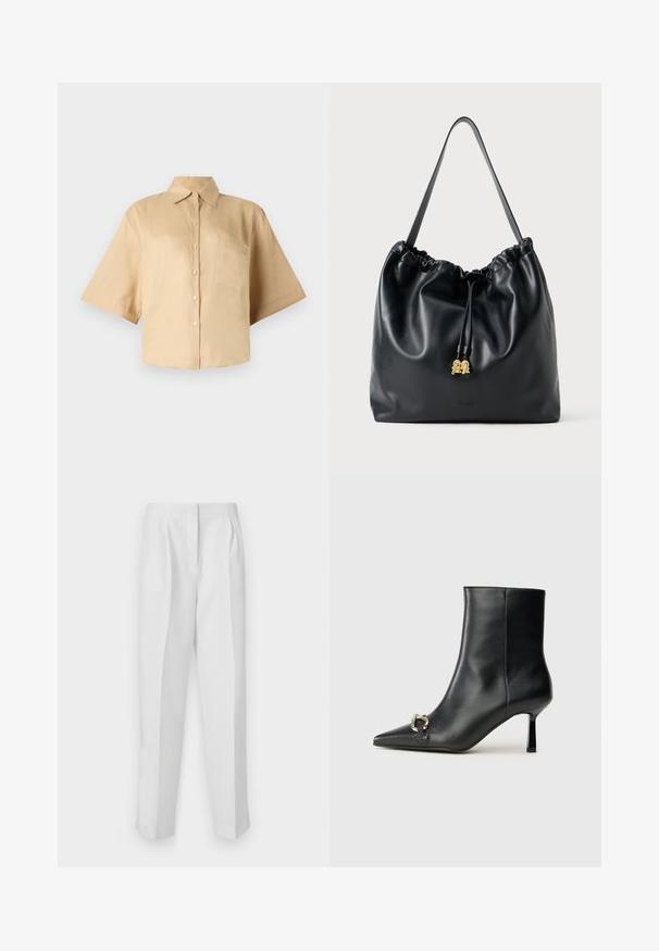 Cămașă bej cu mânecă scurtă, cu guler clasic, închidere prin butoane în față și buzunar pe partea stângă a pieptului. Material neted, fără modele sau texturi vizibile.; Pantaloni albi croiți cu o tăietură dreaptă, având pliuri frontale, două buzunare laterale și un brâu curat pentru un aspect bine finisat.; Botine negre din piele, cu vârf ascuțit, toc subțire de înălțime medie și detaliu cu cataramă argintie pe lateral, pe un fundal simplu.; Rucsac din piele neagră cu un textură netedă, cu un vârf strâns și accente subtile din aur. Dispune de o singură curea rezistentă și un logo embosat.