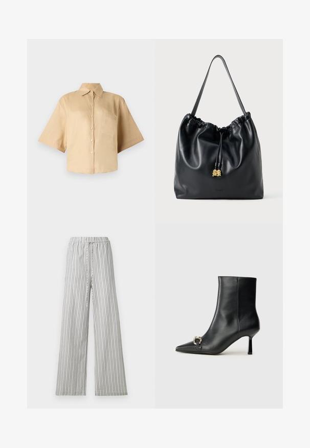 Camisa de manga curta, bege, com colarinho clássico, fecho frontal com botões e bolso no lado esquerdo do peito. Tecido suave sem padrões ou texturas visíveis.; Calças leves de perna larga com um cós elástico. Listras verticais cinzas e brancas, tecido macio e corte descontraído. Sem bolsos ou acessórios.; Bota preta de couro até ao tornozelo com bico apontado, salto slim de altura média e detalhe em fivela prateada de lado, contra um fundo simples.; Mala de cordão em couro preto com uma textura suave, topo franzido e discretos acessórios em dourado. Apresenta uma única alça resistente e um logótipo embossado.