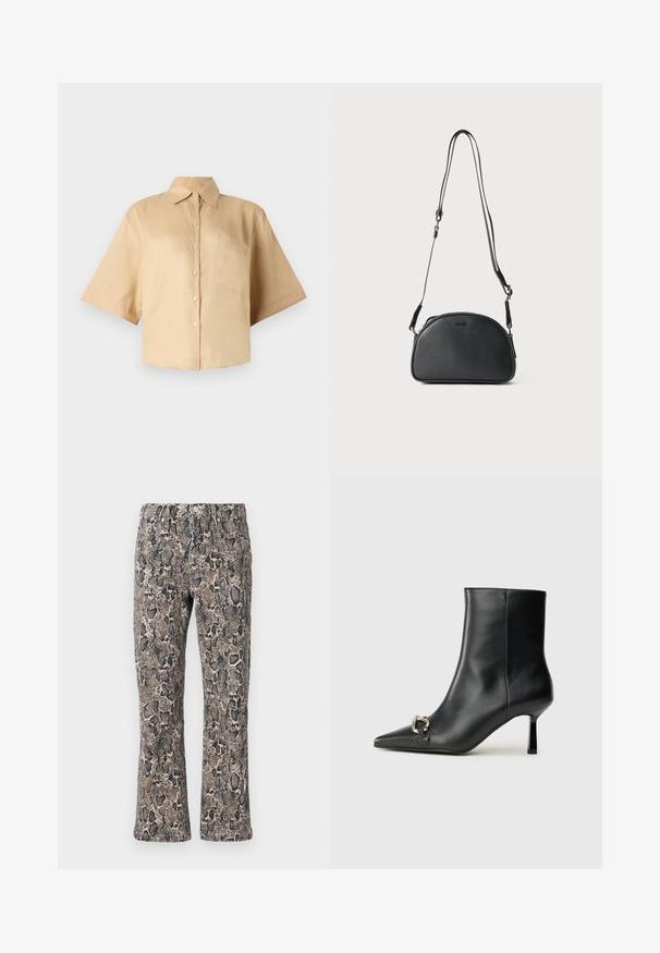 Trumpas rankovėmis, kreminės spalvos marškiniai su klasikinio tipo apykakle, priekyje užsegami mygtukais ir su kairėje krūtinės pusėje esančia kišenėle. Lygus audinys be matomų raštų ar tekstūrų.; Gyvatės rašto kelnės rudų ir juodų atspalvių, su laisvu siluetu, elastinga juosmens juosta ir tekstūruotu audiniu su žvynuotais raštais.; Juodas odinis apavas iki kulkšnies su smailiu nosiu, plonu vidutinio aukščio kulnu ir sidabriniu sagties akcentu šone, prieš paprastą foną.; Juodas odinis kryžminis krepšys su apvalia forma, dviem reguliuojamais diržais ir subtiliu logotipu priekyje. Tekstūruota išorė, minimalistiškas dizainas.