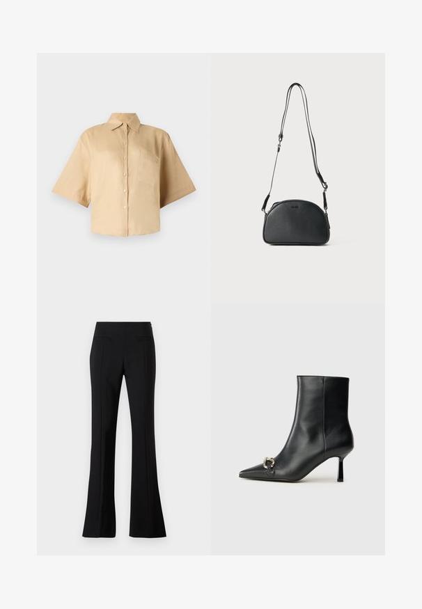 Beige košile s krátkým rukávem, klasickým límcem, předním zapínáním na knoflíky a kapsou na levé straně hrudi. Hladká látka bez viditelných vzorů nebo textur.; Černé rozšířené kalhoty vyrobené z hladkého materiálu s vysokým pasem, mají dvě zadní kapsy a sklady na přední straně každé nohy.; Černá kožená kotníková bota s špičatou špičkou, úzkým středně vysokým podpatkem a stříbrnou sponou na straně, na jednobarevném pozadí.; Černá kožená crossbody taška zaobleného tvaru, se dvěma nastavitelnými popruhy a jemným logem na přední straně. Texturovaný povrch, minimalistický design.