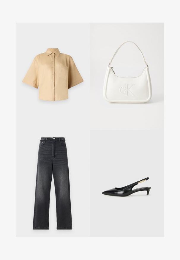 Rövid ujjú, bézs ing klasszikus gallérral, elöl gombos záródással és bal oldali zsebből. Simaszerkezetű anyag, látható minták vagy textúrák nélkül.; Fekete farmer széles lábú nadrág magas derekú, gombos záródással, öt zsebbel és finom elhalványulásokkal a lábak mentén.; Fekete bőr slingback magassarkúk, hegyes orral, vékony sarkakkal és arany színű részlettel a állítható pánton. Simа felület.; Fehér bőrtáska ívelt formájú, elöl feltűnő "CK" logóval, egyetlen vállpánttal. Cipzáras zárás a tetején.