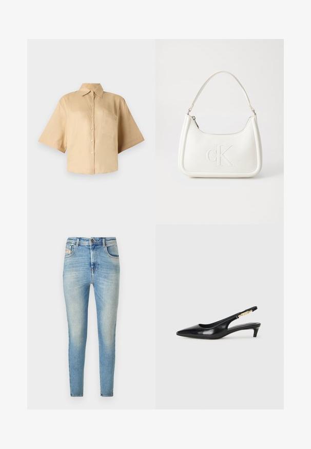 Rövid ujjú, bézs ing klasszikus gallérral, elöl gombos záródással és bal oldali zsebből. Simaszerkezetű anyag, látható minták vagy textúrák nélkül.; Világoskék farmer skinny farmerek, magas derekú, klasszikus öt zsebes dizájnnal, kopott hatással és fémből készült gombbal záródnak.; Fekete bőr slingback magassarkúk, hegyes orral, vékony sarkakkal és arany színű részlettel a állítható pánton. Simа felület.; Fehér bőrtáska ívelt formájú, elöl feltűnő "CK" logóval, egyetlen vállpánttal. Cipzáras zárás a tetején.