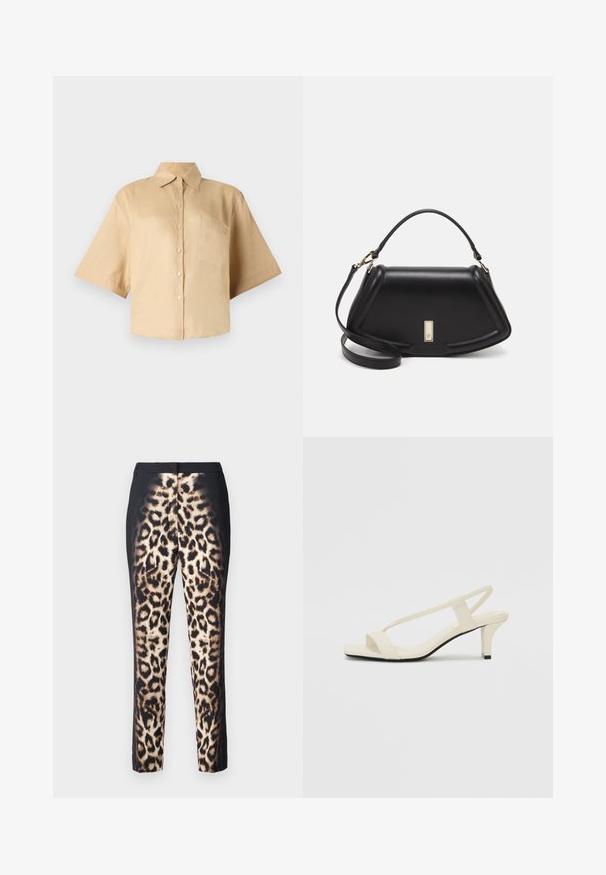 Beige Kurzarmhemd mit klassischem Kragen, vorderer Knopfleiste und Brusttasche auf der linken Seite. Glattes Material ohne sichtbare Muster oder Texturen.; Leopardenmuster-Hosen im Slim-Fit, mit einem schwarzen Bund und glänzender Oberfläche. Das Muster hat beige und dunkelbraune Flecken.; Beige Blockabsatzsandalen mit dünnen Riemen und quadrater Spitze. Glattes Material mit minimalem Design, entworfen für einfaches Tragen.; Schwarze Lederhandtasche mit einem strukturierten Design, das eine verkürzte Form, einen oberen Griff und goldfarbene Hardware-Details aufweist. Verstellbarer Schulterriemen ist enthalten.