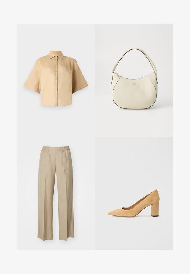 Trumpas rankovėmis, kreminės spalvos marškiniai su klasikinio tipo apykakle, priekyje užsegami mygtukais ir su kairėje krūtinės pusėje esančia kišenėle. Lygus audinys be matomų raštų ar tekstūrų.; Smėliniai plačios kojos kelnes, pagamintos iš minkštos medžiagos; turi elastingą juosmenį su raukšlėtumo detale; minimalistiškas dizainas be kišenių.; Bežiniai zomšiniai aukštakulniai bateliai su smaigaliu ir masyviu blokiniu kulnu. Medžiaga turi švelnų tekstūrą ir lygią apdailą.; Grietos spalvos rankinė su tekstūruotu paviršiumi, kreivos formos, trumpa rankena ir auksinės spalvos logotipo detalė. Užtrauktuko uždarymas viršuje.