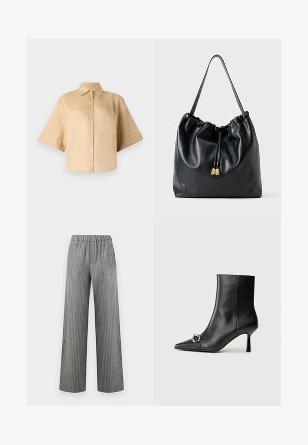 Chemise beige à manches courtes avec un col classique, fermeture par boutons sur le devant et poche sur la poitrine gauche. Tissu lisse sans motifs ni textures visibles.; Pantalon large gris à fines rayures avec taille élastique, poches avant et coupe droite.; Bottine en cuir noir avec un bout pointu, un talon moyen fin et un détail de boucle en argent sur le côté, se détachant sur un fond uni.; Sac en cuir noir avec cordon de serrage, texture lisse, partie supérieure froncée et matériel doré discret. Dispose d'une seule sangle robuste et d'un logo embossé.
