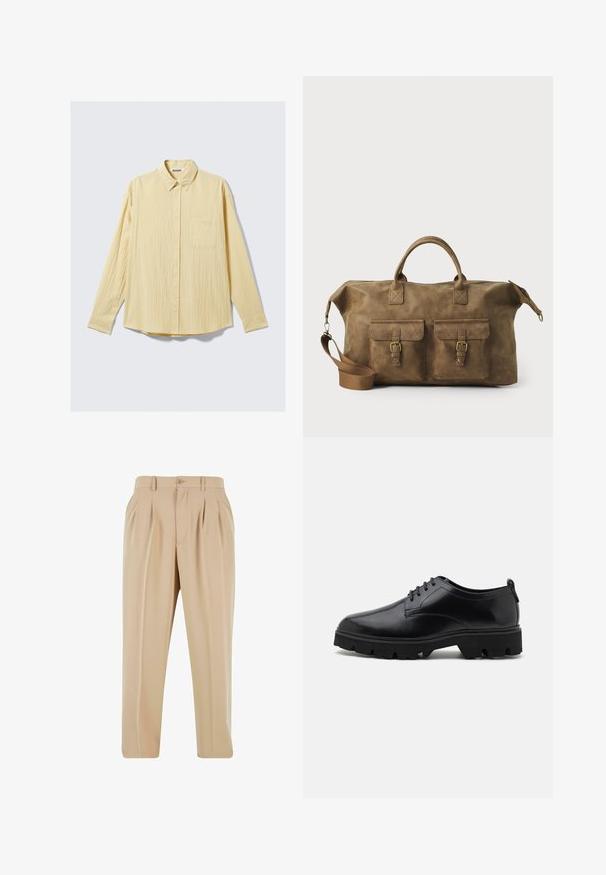 Cămașă cu mânecă lungă, dintr-un material galben moale, având un finisaj texturat, guler și un singur buzunar pe partea stângă a pieptului.; Pantaloni plisati bej cu un design drept, realizați dintr-un material neted, având un sistem de închidere cu buton și curea la talie.; Pantofi din piele neagră cu un finisaj neted, design cu șireturi și talpă din cauciuc groasă și robustă, având călcâi adânc pentru aderență.; Geantă de voiaj din piele maro, cu două buzunare frontale, curea de umăr ajustabilă, accesorii aurii și mânere superioare rezistente. Textură netedă.