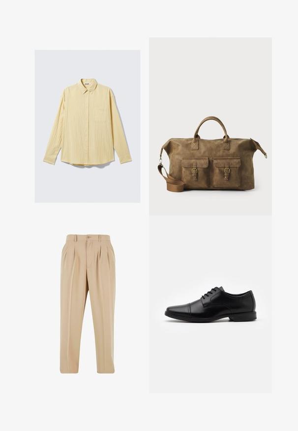 Long-sleeve button-up shirt in soft yellow fabric, featuring a textured finish, collar, and a single left chest pocket.; Beige pleated trousers with a straight leg design, made of smooth fabric, featuring a button closure and belt loops at the waistband.; Black leather dress shoe with a pointed toe, lace-up design, subtle stitching details, and a low, textured rubber sole.; Brown leather duffel bag with two front pockets, adjustable shoulder strap, gold hardware, and sturdy top handles. Smooth texture.