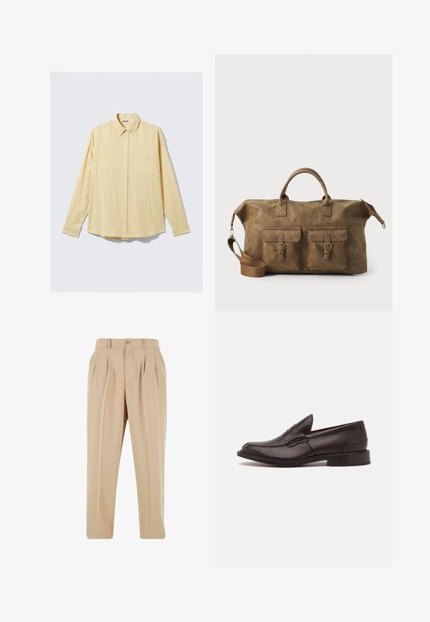 Langärmliges Hemd mit Knöpfen aus weichem gelbem Stoff, mit strukturierter Oberfläche, Kragen und einer einzelnen Brusttasche auf der linken Seite.; Beige Faltenhose mit geradem Bein, aus glattem Stoff, mit einem Knopfverschluss und Gürtelschlaufen am Bund.; Tricker's JAMES SOLE FIT - Business-Slipper - chesnut burnished; Braune Ledertasche mit zwei Fronttaschen, verstellbarem Schulterriemen, goldfarbenen Beschlägen und stabilen oberen Griffen. Glatte Textur.