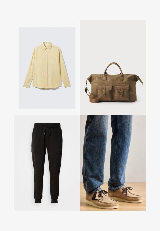Langarm overhemd in een zachte gele stof, met een textuurfinish, kraag en een enkele borstzak aan de linkerkant.; Zwarte sweatpants met een elastische tailleband en trekkoord. Voorzien van cargozakken aan de zijkanten en elastische boorden bij de enkels.; Suède mocassins in tan met een donkerbruin accent, ronde neus en een zachte witte zool. Beschikt over een vetersluiting en gestikte details.; Bruine leren weekendtas met twee voorzakken, verstelbare schouderband, gouden hardware en stevige handvatten aan de bovenkant. Strakke textuur.