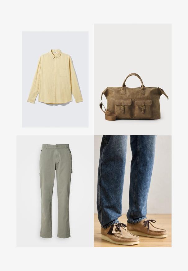 Langarm overhemd in een zachte gele stof, met een textuurfinish, kraag en een enkele borstzak aan de linkerkant.; Lichtgroene katoenen broek met een rechte snit, voorzien van zijzakken, een knoopsluiting en een tailleband met riemlussen.; Suède mocassins in tan met een donkerbruin accent, ronde neus en een zachte witte zool. Beschikt over een vetersluiting en gestikte details.; Bruine leren weekendtas met twee voorzakken, verstelbare schouderband, gouden hardware en stevige handvatten aan de bovenkant. Strakke textuur.