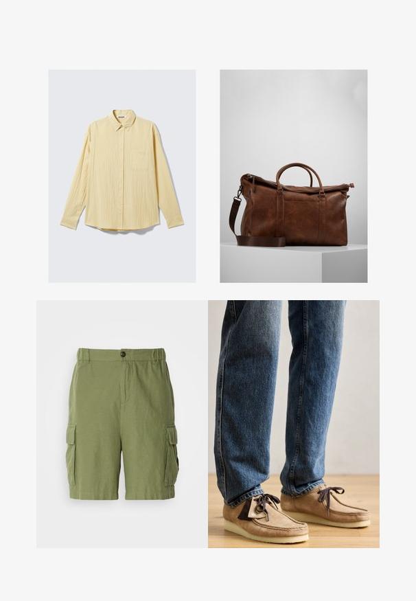 Chemise à manches longues en tissu jaune doux, avec une finition texturée, un col et une poche unique sur la poitrine gauche.; Shorts cargo verts à coupe décontractée, fabriqués en tissu léger. Comprend des poches latérales et un fermeture à bouton à l'avant.; Mocassins en daim de couleur beige avec des accents marron foncé, à bout arrondi et semelle blanche moelleuse. Ils présentent un design à lacets et des détails cousus.; Sac de voyage en cuir marron avec fermeture éclair, doubles poignées, bandoulière réglable et motifs de texture visibles sur la surface.