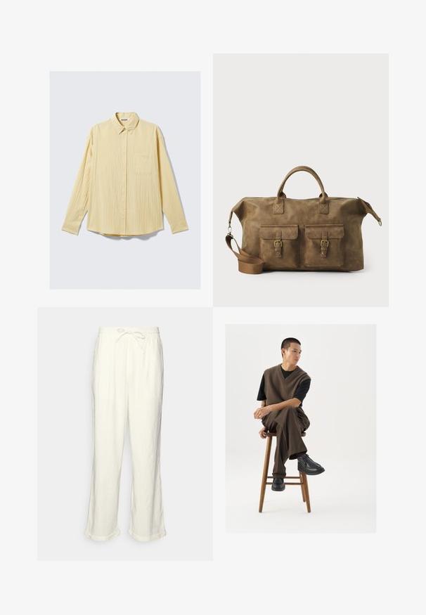 Long-sleeve button-up shirt in soft yellow fabric, featuring a textured finish, collar, and a single left chest pocket.; Linen trousers in off-white with a drawstring waistband, slightly wide legs, and rolled cuffs for a relaxed fit. No pockets.; Brown knitted vest over a black t-shirt, paired with brown wide-leg trousers and black chunky shoes, seated on a wooden stool.; Brown leather duffel bag with two front pockets, adjustable shoulder strap, gold hardware, and sturdy top handles. Smooth texture.