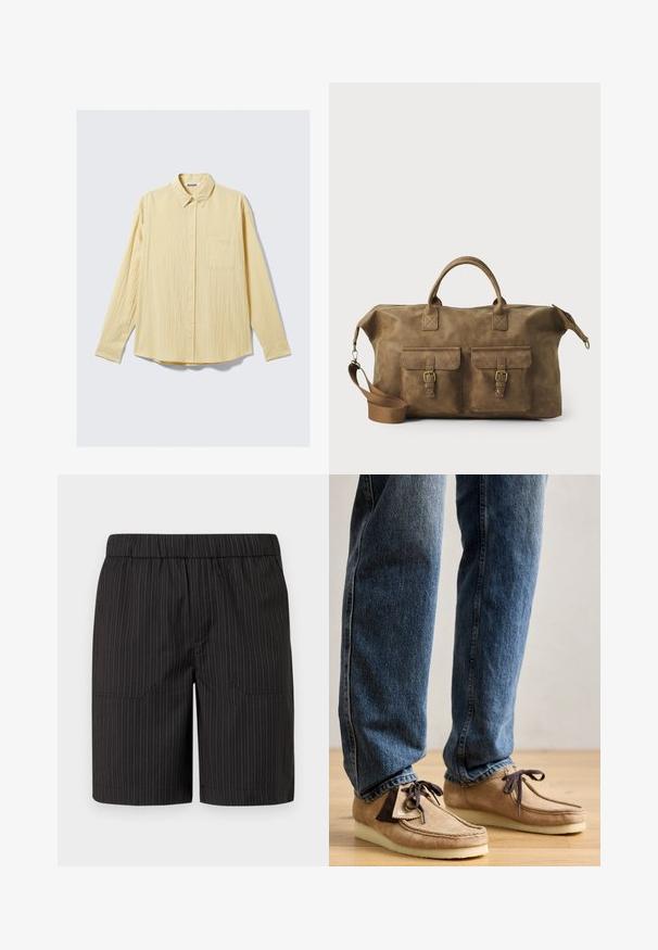 Langärmliges Hemd mit Knöpfen aus weichem gelbem Stoff, mit strukturierter Oberfläche, Kragen und einer einzelnen Brusttasche auf der linken Seite.; Schwarze Shorts mit dezenten vertikalen weißen Streifen, elastischem Bund und zwei Seitentaschen, aus leichtem, strukturiertem Stoff gefertigt.; Wildleder-Mokassins in Tan mit dunkelbraunen Akzenten, runder Zehenform und weichem weißen Fußbett. Sie verfügen über ein Schnürdesign und gestickte Details.; Braune Ledertasche mit zwei Fronttaschen, verstellbarem Schulterriemen, goldfarbenen Beschlägen und stabilen oberen Griffen. Glatte Textur.