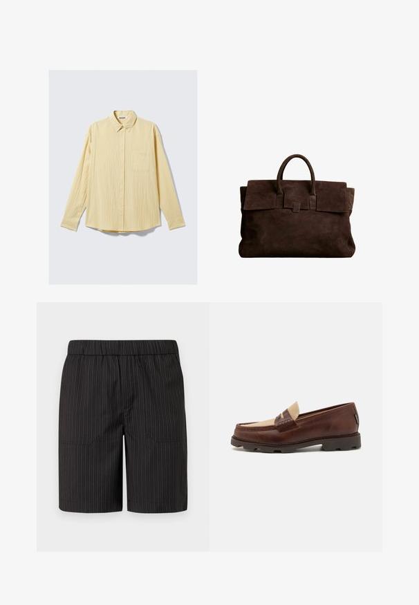 Langarm overhemd in een zachte gele stof, met een textuurfinish, kraag en een enkele borstzak aan de linkerkant.; Zwarte shorts met subtiele verticale witte streepjes, elastische tailleband en twee zijzakken, gemaakt van een lichte, gestructureerde stof.; Bruine leren instappers met een taupe canvasaccent, gestikte details en een gestructureerde rubberen zool die is ontworpen voor comfort en duurzaamheid.; Bruine suede draagtas met een gestructureerde vorm, voorzien van een grote klep, twee handvatten aan de bovenkant en een eenvoudige sluiting.