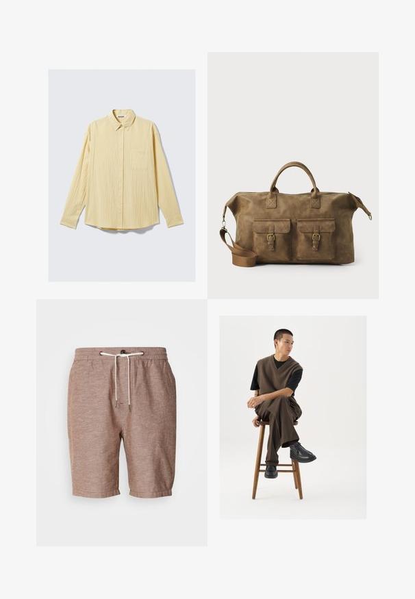 Dlhý rukáv, zapínanie na gombíky, košeľa v jemne žltej farbe so štruktúrovaným povrchom, golierom a jedným vreckom na ľavej hrudi.; Hnedé ľanové šortky s elastickým pásom, šnúrkovým zapínaním a ohrnutým lemom. Obsahujú jemnú štruktúru a minimálne dizajnové prvky.; Hnedý pletený sveter cez čierne tričko, v kombinácii s hnedými širokými nohavicami a čiernymi robustnými topánkami, sediaci na drevenom stoličke.; Hnedá kožená taška na cestovanie s dvoma prednými vreckami, nastaviteľným ramenným popruhom, zlatými kovovými doplnkami a pevným horným uchom. Hladký povrch.